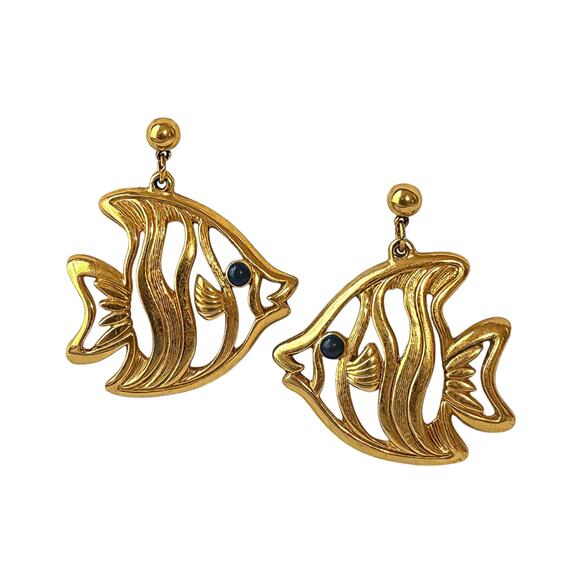 Statement Gold Tone Fish Dangle Stud Earrings Vintage Pierced Post Back - Picture 3 of 3